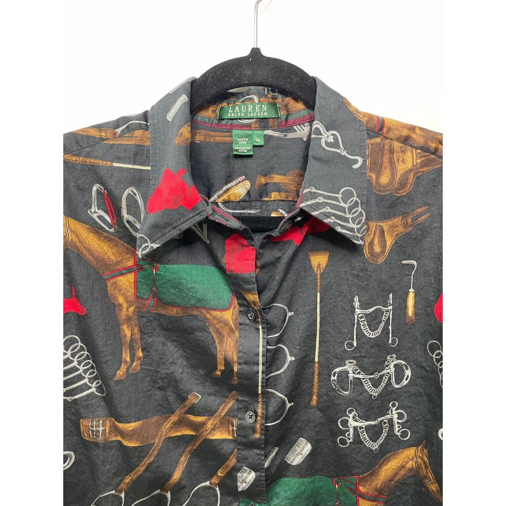 Lauren Ralph Lauren Equestrian Horse Bridle Button Up Shirt Black Old Money XL - Picture 6 of 10